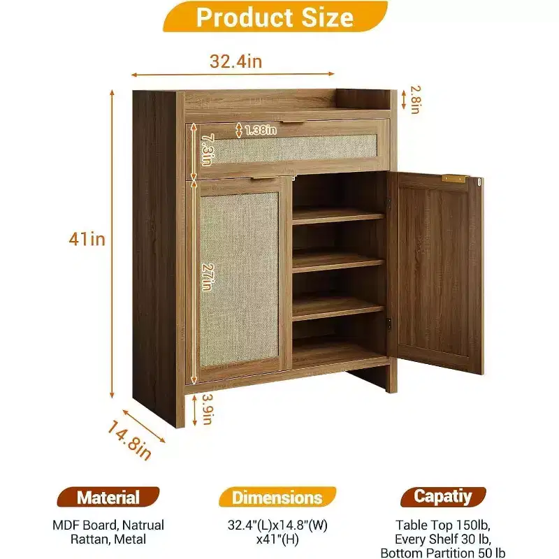 COZONY 2-Piece Rattan Shoe Cabinet Set, Adjustable Shelf Storage Organizer with Drawer, Farmhouse Style Entryway Cabinet for Hallway