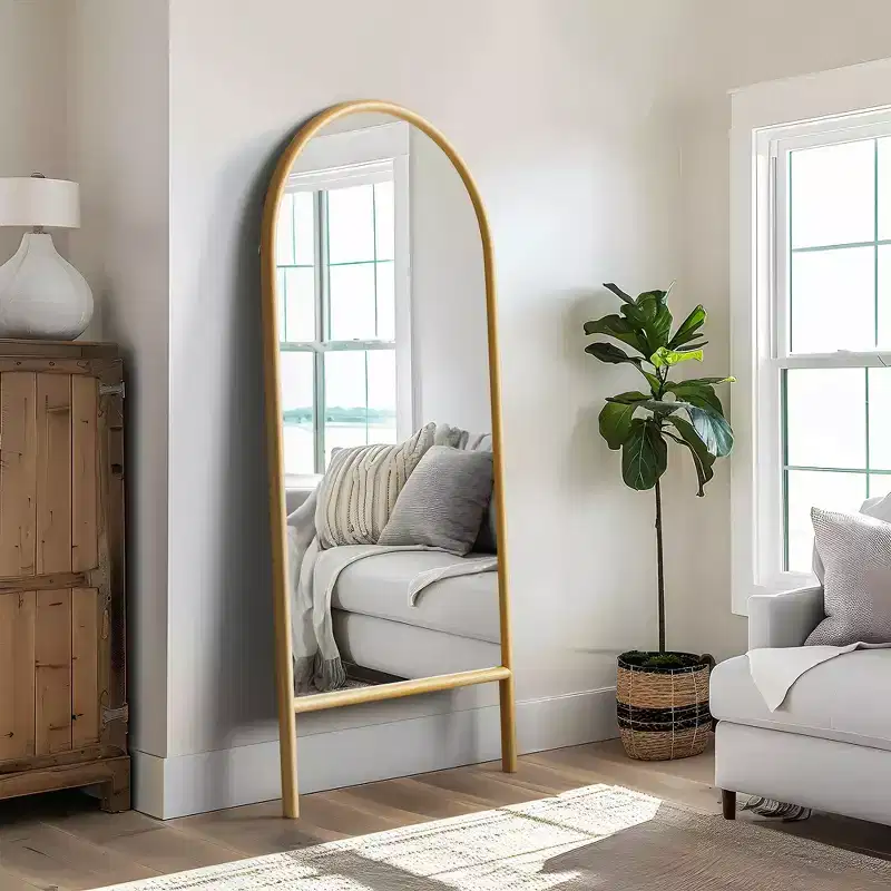 31 in. W x 71 in. H Ladder-Style Arched Solid Wood Framed Mirror in Brown