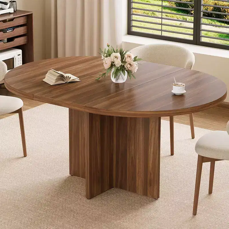 43-59 Inch Round to Oval Extendable Dining Table - Walnut, Seats 4-8, Trestle Base