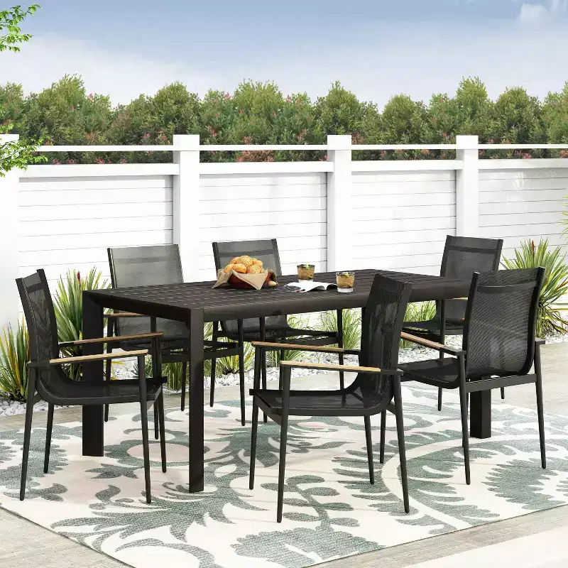 Christopher Knight Home Naop Outdoor 7 Piece Mesh and Aluminum Dining Set, Black