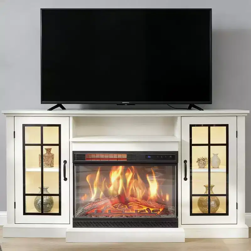 Coolmee 3 Sided Glass Electric Fireplace TV Stand for TVs Up to 65, Media Console with LED Light, Glass Door, Storage, Entertainment Center