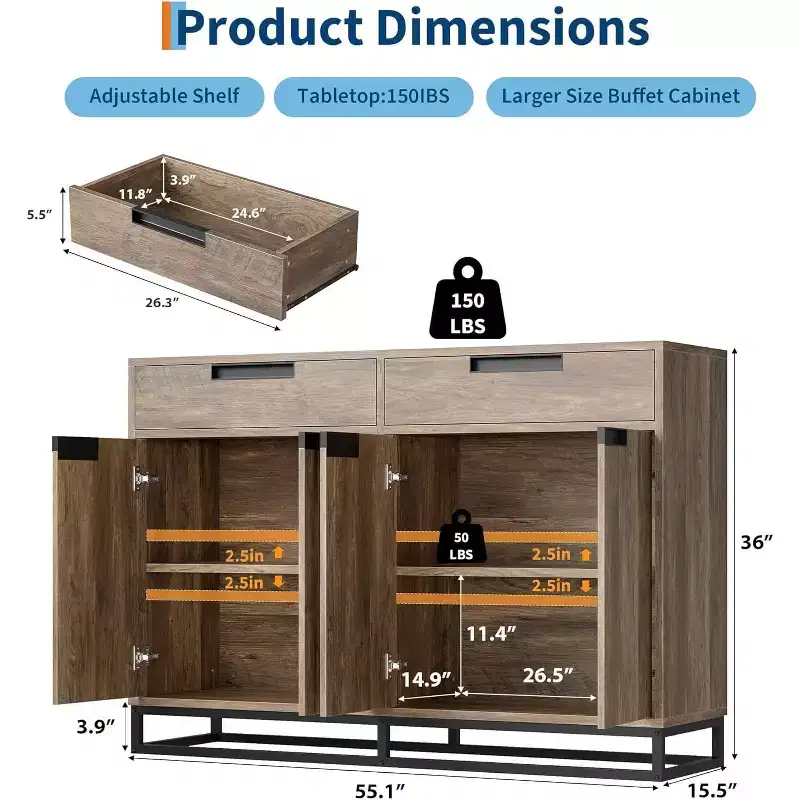 55 Inch Buffet Kitchen Cabinet, Large, Modern sideboard with 2 drawers and 4 Doors, Bar Buffet Table for Kitchen and Dining Room