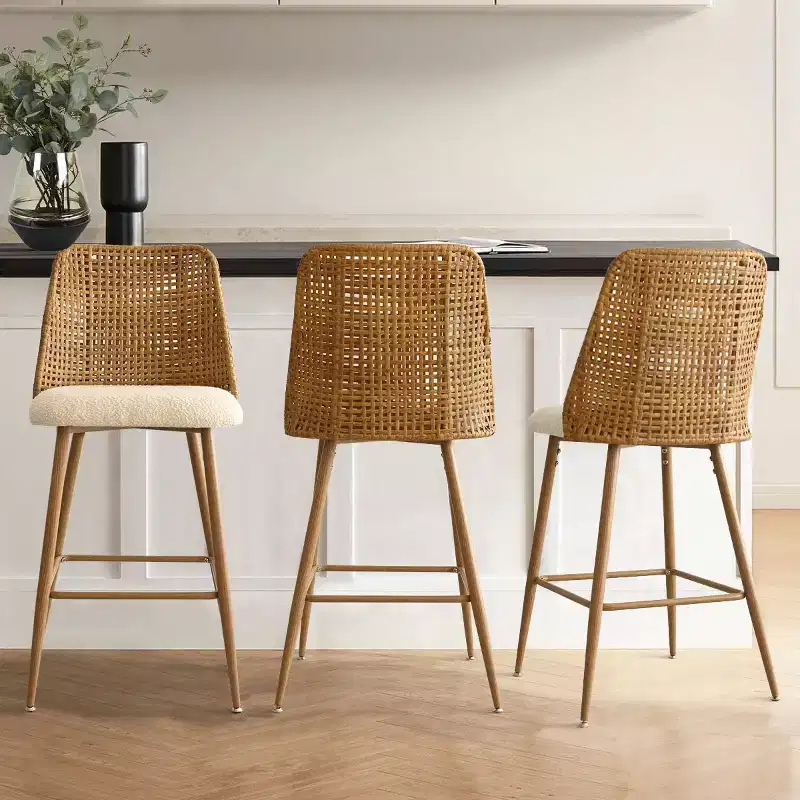 Set of 6 Boucle & Rattan Counter Height Bar Stools, 27 Modern Boho Kitchen Island Chairs with Oak Finish Metal Legs - Panipeachy