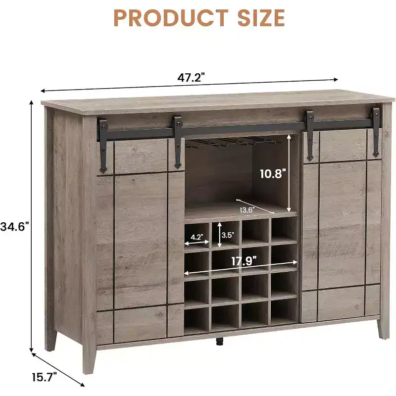 Acekool Bar Cabinet, 47 Buffet Server Sideboard with Sliding Barn Doors, Farmhouse Storage Cabinet with Adjustable Shelf for Dining Room Light Ivory