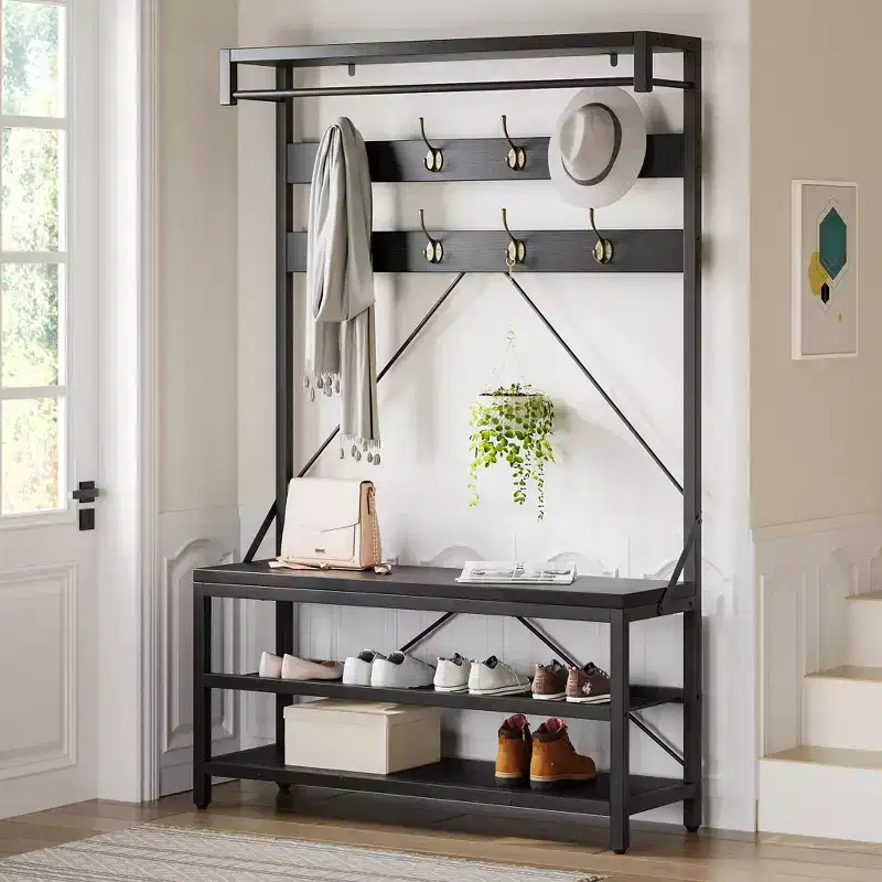Hall Tree with Bench and Shoe Storage - 74 Tall Entryway Furniture with Top Shelf and 4 Metal Hooks, Coat Rack Cabinet Organizer