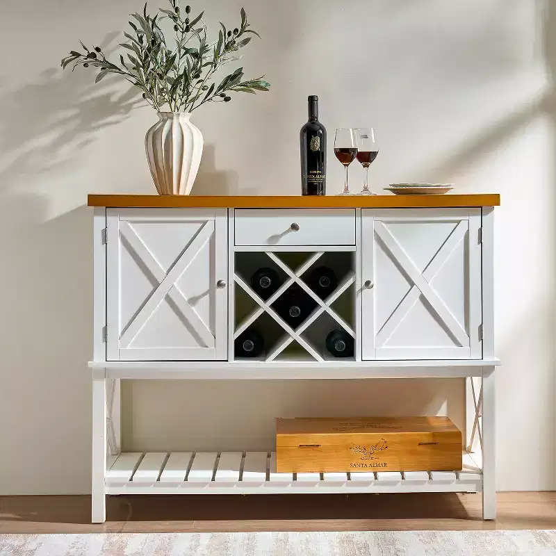 47 Wine Bar Cabinet Coffee Bar Cabinet with Wine Rack &Drawer Farmhouse Kitchen Buffet Cabinet with 2 Door &Bottom Shelf for Dining Room Living Room