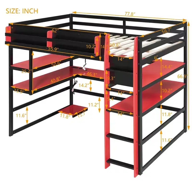 Luxystar Modern Full Gaming Loft Bed With Lighted Desk, Storage Bookcase, Racks and Outlets
