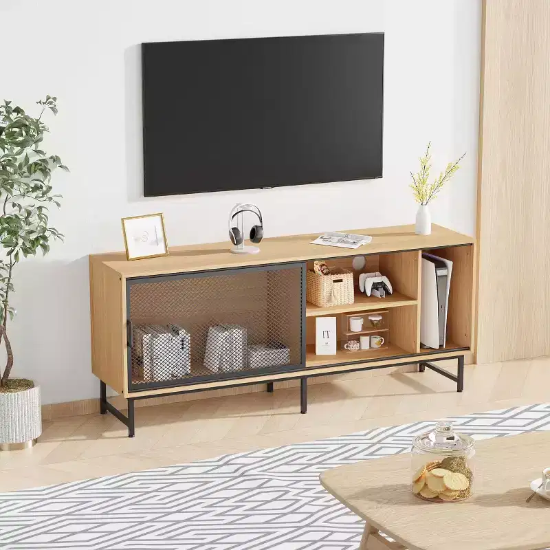 ndustrial TV Stand with Metal Mesh Sliding Doors, Modern Wood TV Cabinet Sideboards with Metal Legs, Cable Management Holes, Ample Storage Space