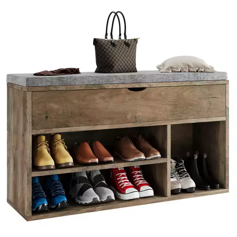 Brown Padded Shoe Storage Bench with 2 Shelves - Entryway & Living Room