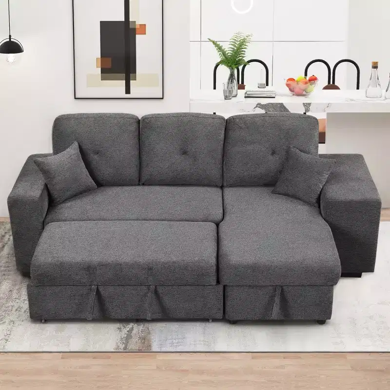 Reversible L-Shape Sleeper Sectional Sofa with Storage Chaise, Side Shelf & 2 Stools - Pull-Out Sofa Bed for Living Room