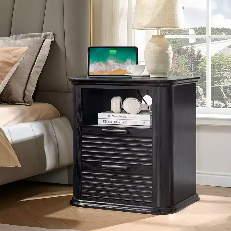 TUYOHW Fluted Nightstand with Charging Station,Modern Bedside Table with 2 Drawers & Open Self,End Table for Living Room,Bedroom,Home Office