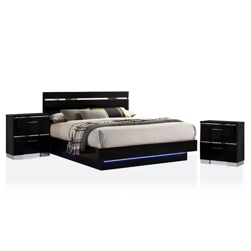 3pc Cavatao Bed with 2 Nightstands Black/Chrome