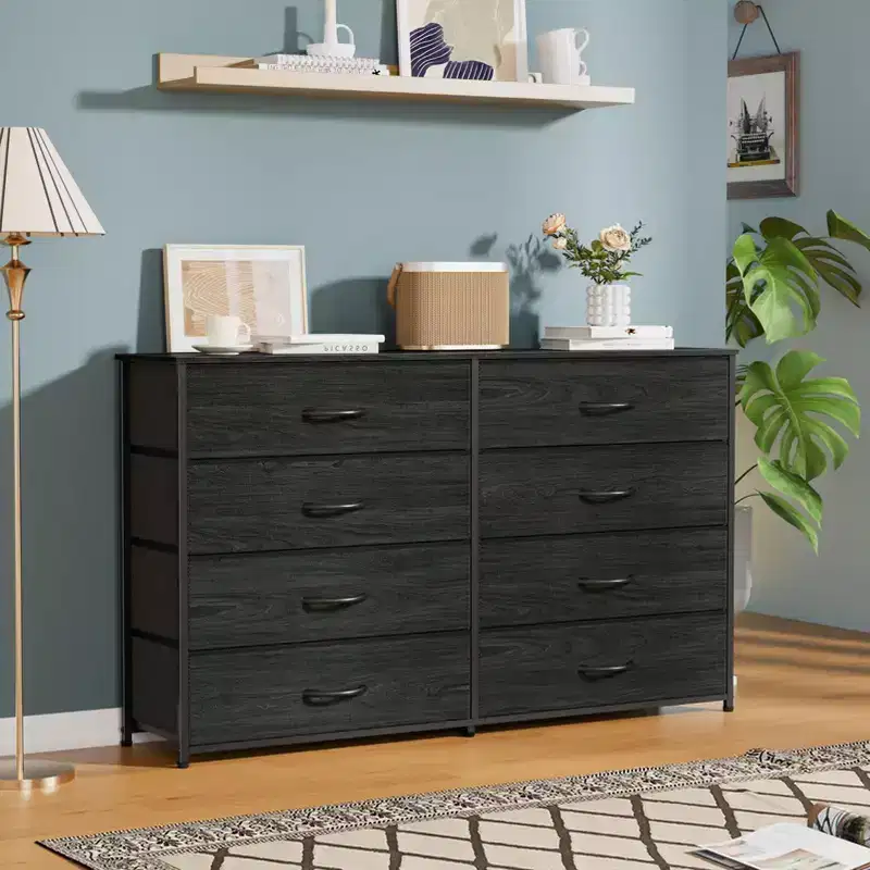 Wide Fabric Dresser for Bedroom 8 Drawer Storage Chest 55 Inch TV Stand Entertainment Center Wood Top Organizer Unit Living Room Hallway Furniture