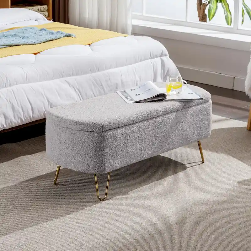 Upholstered Storage Bench with Gold Legs — Faux Fur, End of Bed or Entryway