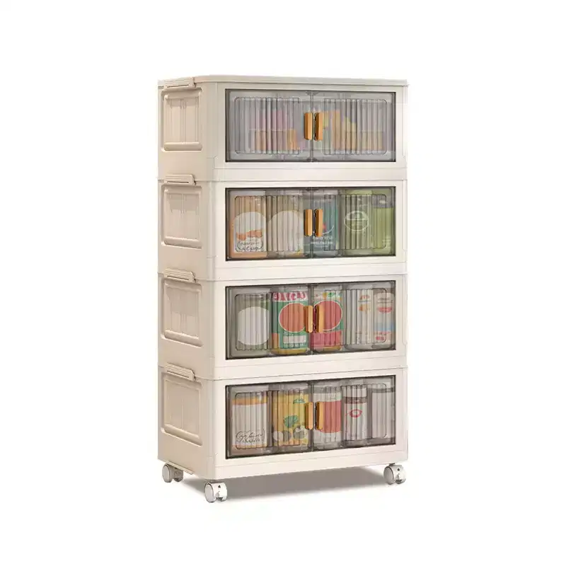 4 Tier Stackable Plastic Storage Bins, 84QT x 4 Foldable Storage Bins with Wheels Closet Organizers and Storage Double Door