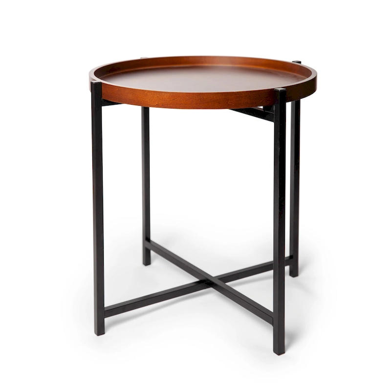 Mid-century Modern Round Side Table with Removable Wood Tray