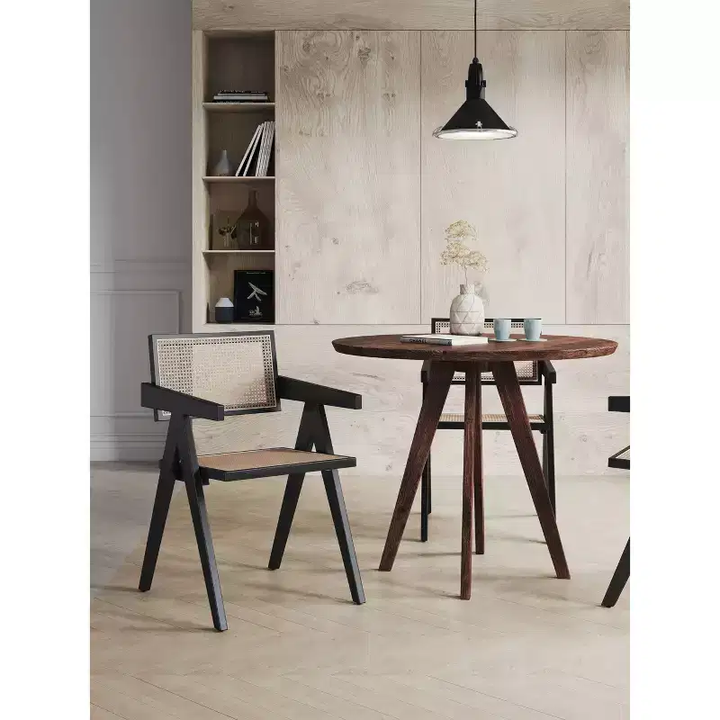 Hamlet Dining Arm Chair Black/Natural Cane - Manhattan Comfort: Mid-Century Ash Wood Base, No Assembly Required
