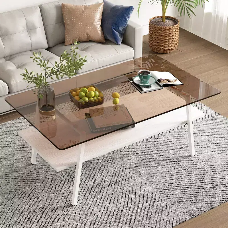 Rectangle Coffee TableGlass Coffee Table with Tempered Glass Top, Metal Legs, Modern Transparent Table for Living Room, Apartment, or Home