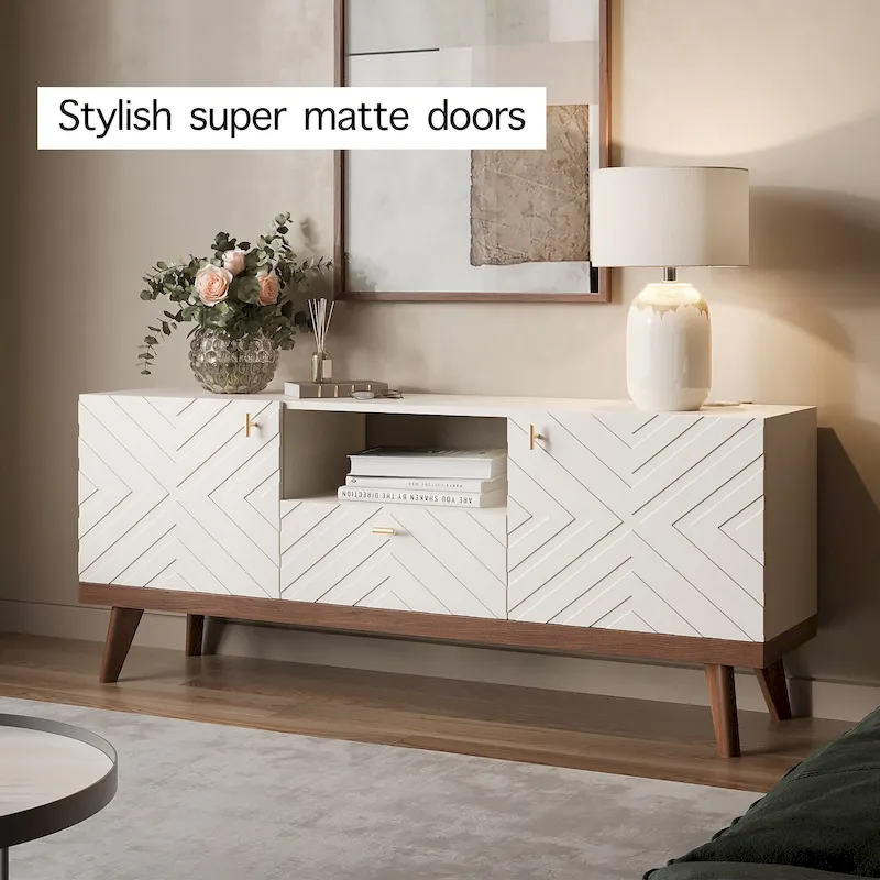 Mid-Century Modern TV Stand Console with Drawer, Beige, Fits TVs up to 65 in, Wood Legs