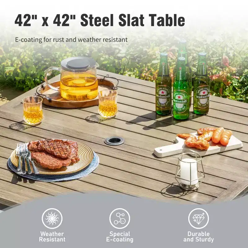 Captiva Designs 5pc Patio Dining Steel Dining Table with Umbrella Hole & Gray Textilene Arm Chairs