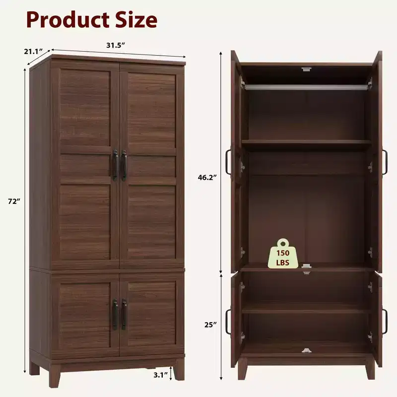 72 Freestanding Wooden Armoire,4-Door Wardrobe Closet with Hanging Rod & 18 Adjustable Shelves, Tall Storage Cabinet for Bedroom