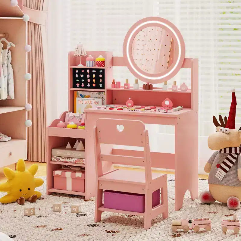 Costway Kids Vanity Table Set w/ Lighted LED Mirror Princess Dressing Table w/ Chair Pink