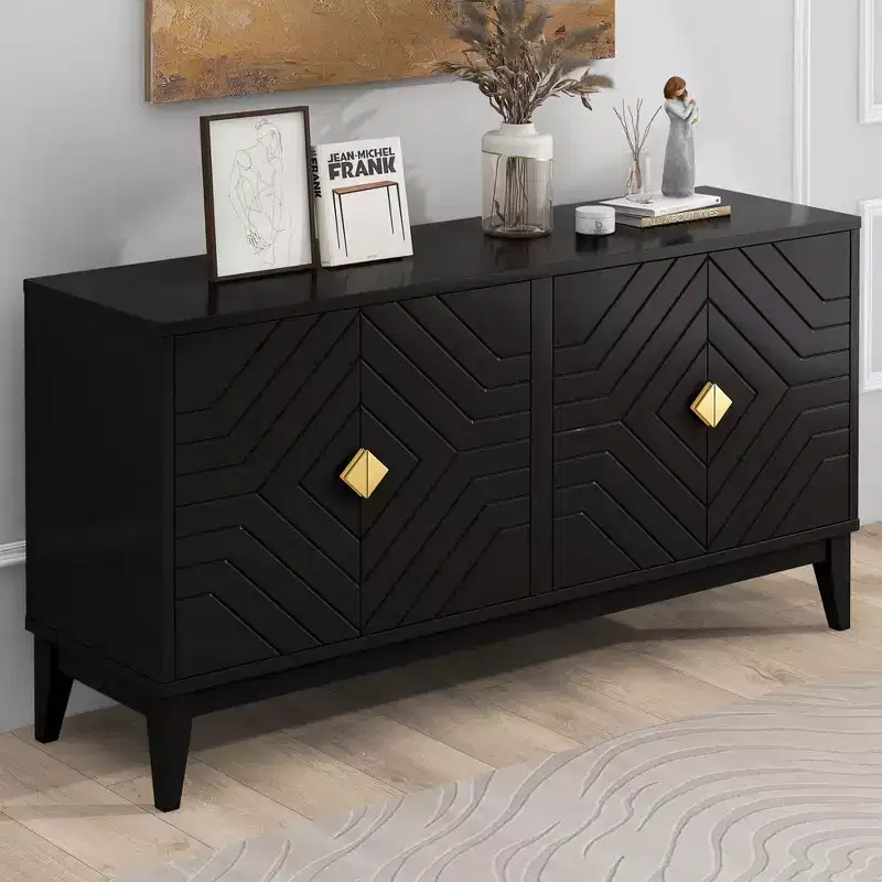 Okak Modern Sideboard Cabinet, Buffet Cabinet with 4 Curved Patten Doors, Storage Cabinet for Living Room, Dining Room, Kitchen, Black