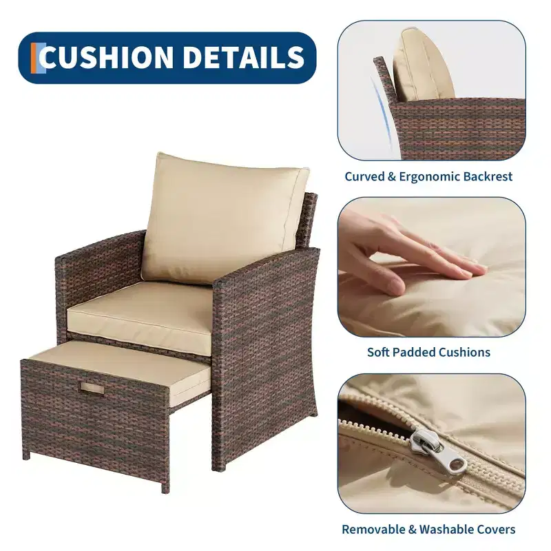 5 Piece Patio Furniture Set, Outdoor Wicker Conversation Set with 2 Ottoman, Rattan Coffee Table & Soft Cushions for Balcony, Porch, Deck