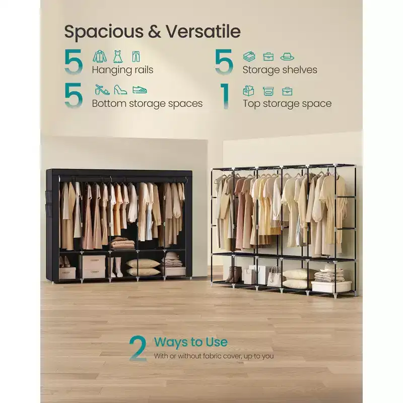 SONGMICS Portable Closet, Wardrobe Closet Organizer with Cover, 5 Hanging Rods and Shelves, 4 Side Pockets, 83 x 17.7 x 65.7 Inches Ink Black