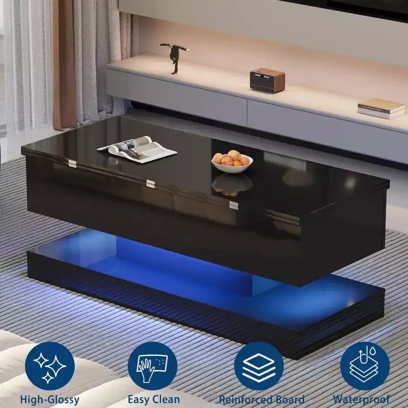 Acekool Lift Top Coffee Table with Storage, 47 High Gloss Adjustable Table for Living Room & Home Office