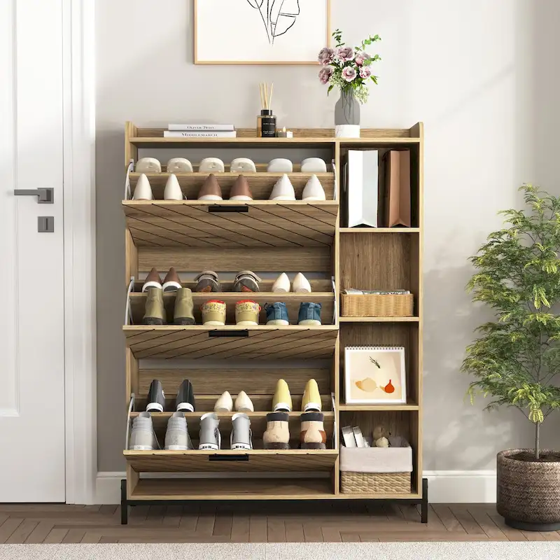 Shoe Cabinet with 3 Flip Drawers & Open Shelves, Entryway Shoe Storage Cabinet Slim, Narrow Hidden Shoe Rack for Heels, Boots