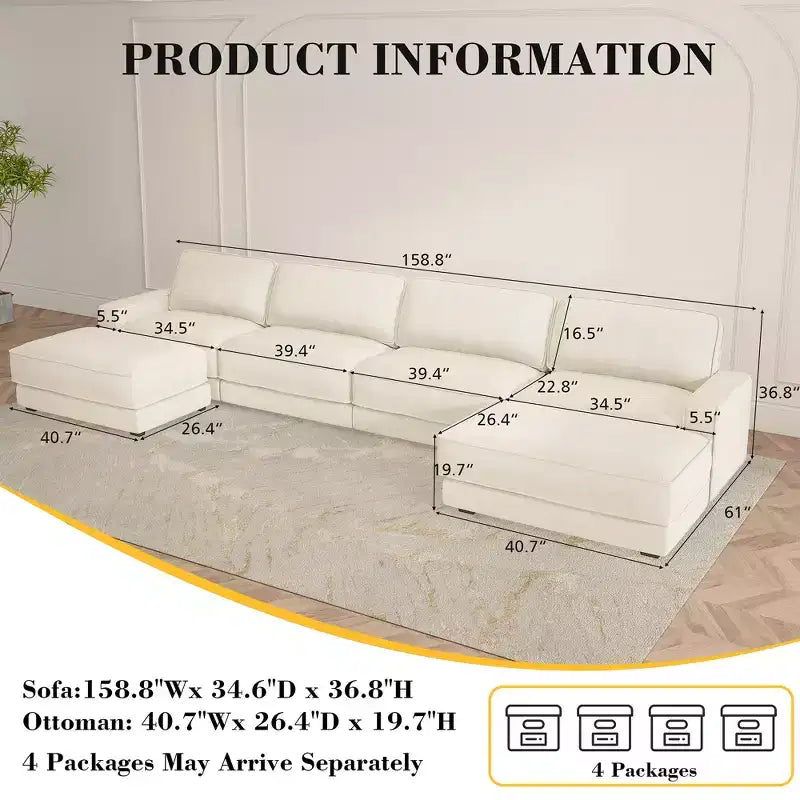 Dyonery 160 U-Shaped Modular Sectional Sofa,Oversized Cloud Couch with Movable Ottoman,6-Seat Chenille Deep Seat Sofa with Pillow,Sectional Couches
