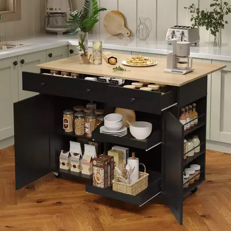 Mobile Buffet Cabinet, Rolling Kitchen Island with Drop Leaf Countertop, 3 Drawers, Pull-Out Shelves, Spice Rack, Towel Rack, for Kitchen