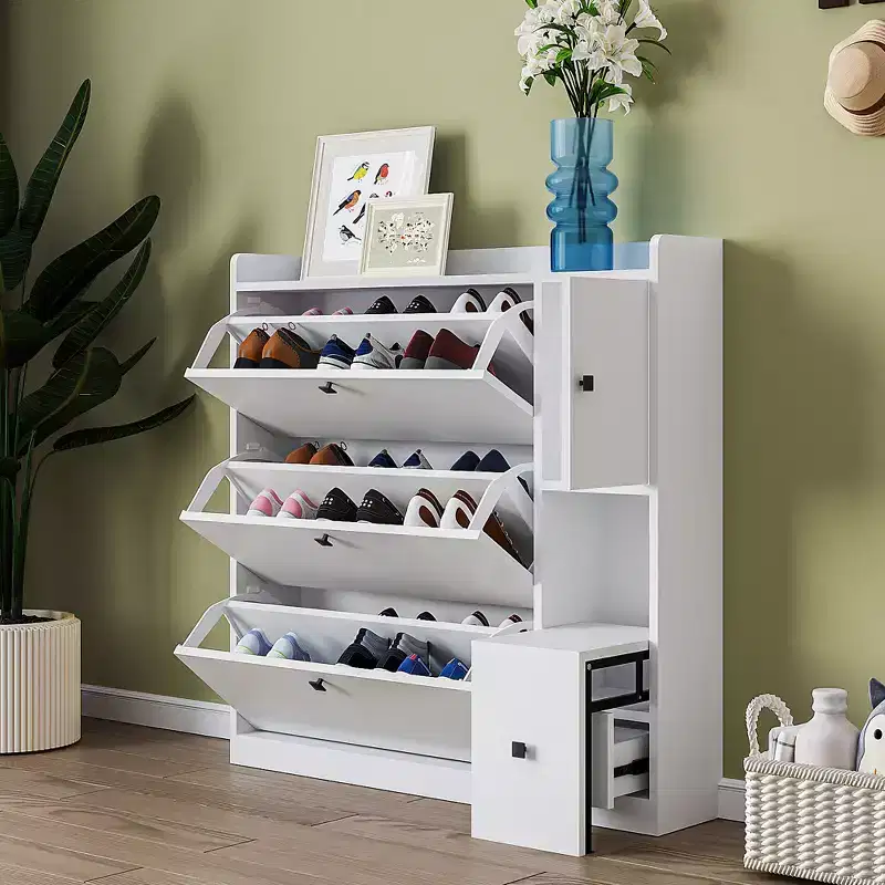 Versatile Shoe Cabinet with 3 Flip Top Drawers and Pull-Down Seat - ModernLuxe