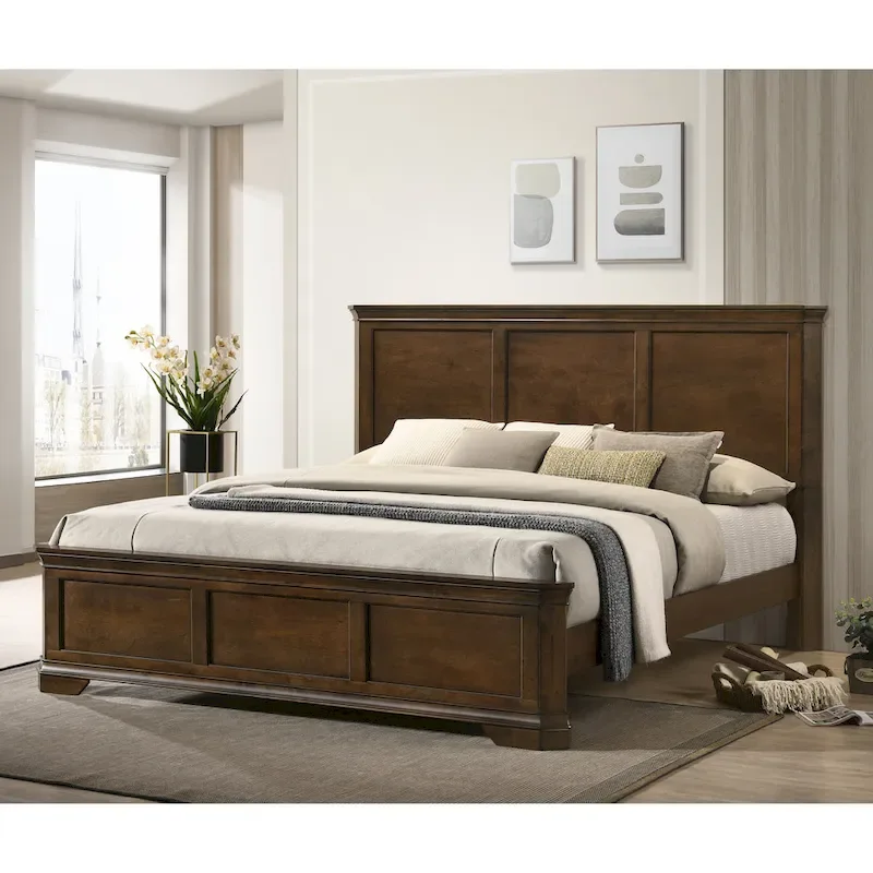 Wood Panel Bed with Antique Walnut Finish