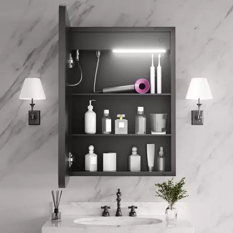 20 in. W x 28 in. H Rectangular Iron Medicine Cabinet with Mirror, Dimmable Light, Anti-Fog and Outlets - Fully Assembled