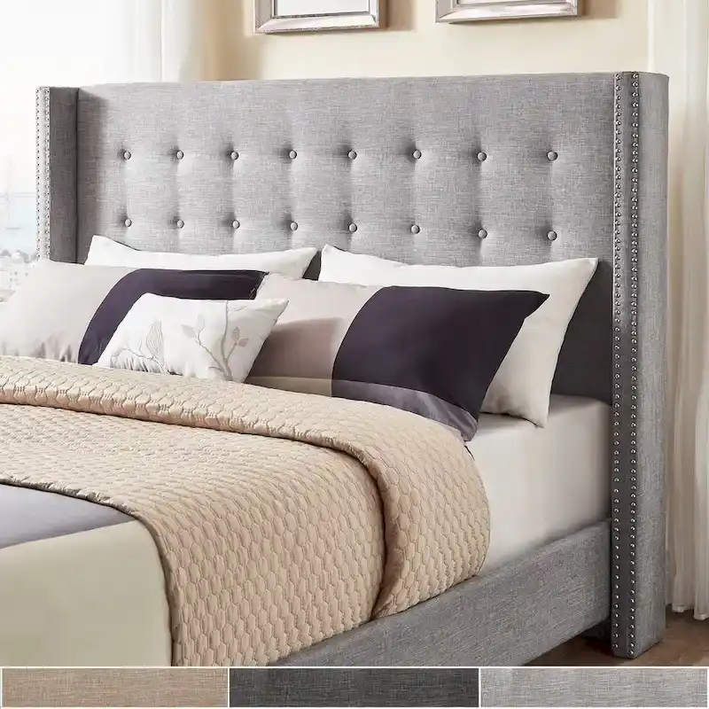 Linen Tufted Wingback Headboard – Button Tufting, Nailhead Trim, Multi-Size