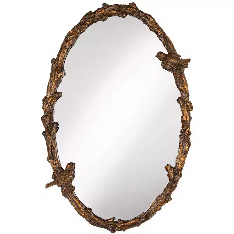 Oval Vanity Accent Wall Mirror, Rustic Antique Gold Gray Metal Frame, 23