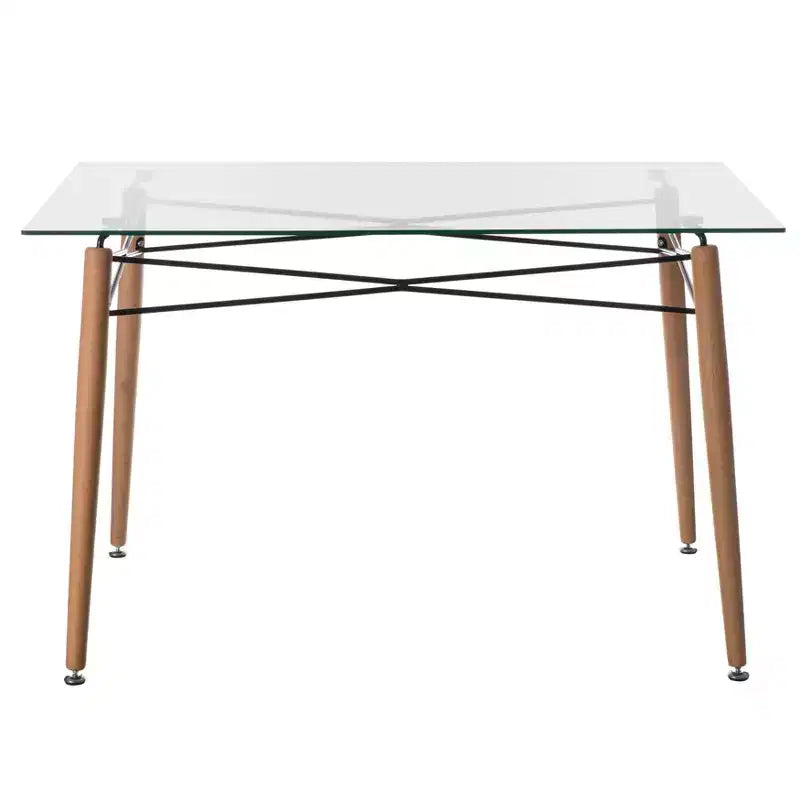 Rectangle Clear Tempered Glass Dining Table - Mid-Century, Solid Wood Legs, Seats 4-6