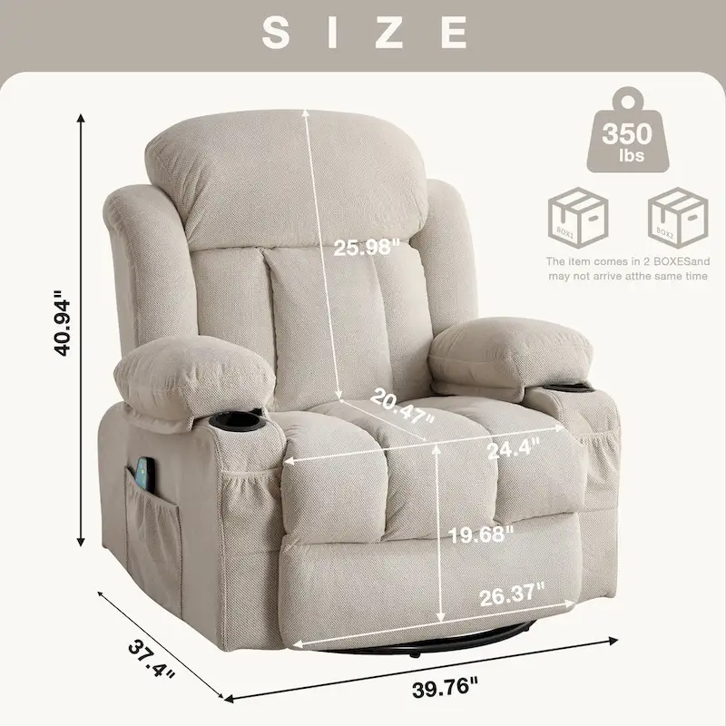 Dotted Velvet Massage Heated Manual Recliner Chair w/360 Swivel Base