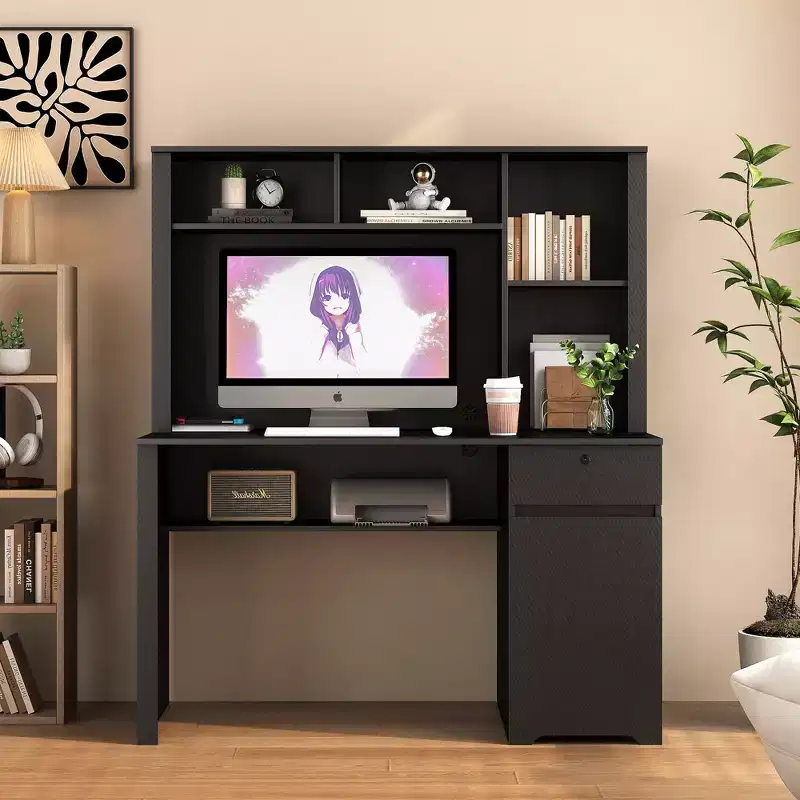 51.18IN Modern Computer Desk with Hutch and Bookshelf, Office Desk with Ample Storage, Writing Desk for Study, Reading Room