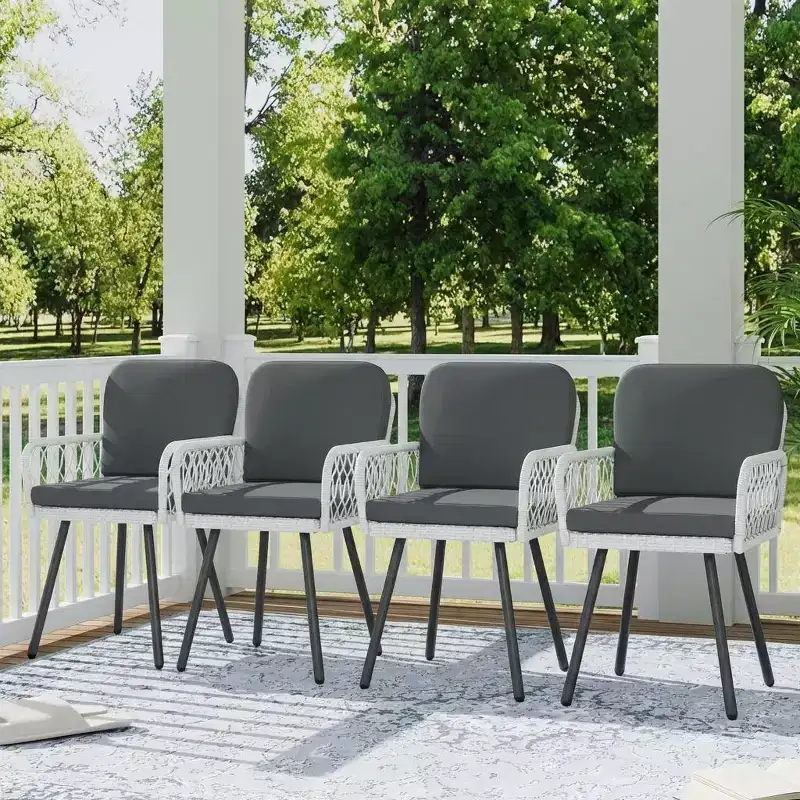 Beige Stackable Wicker Dining Chairs with Cushions, Set of 4 (1 Person Each)