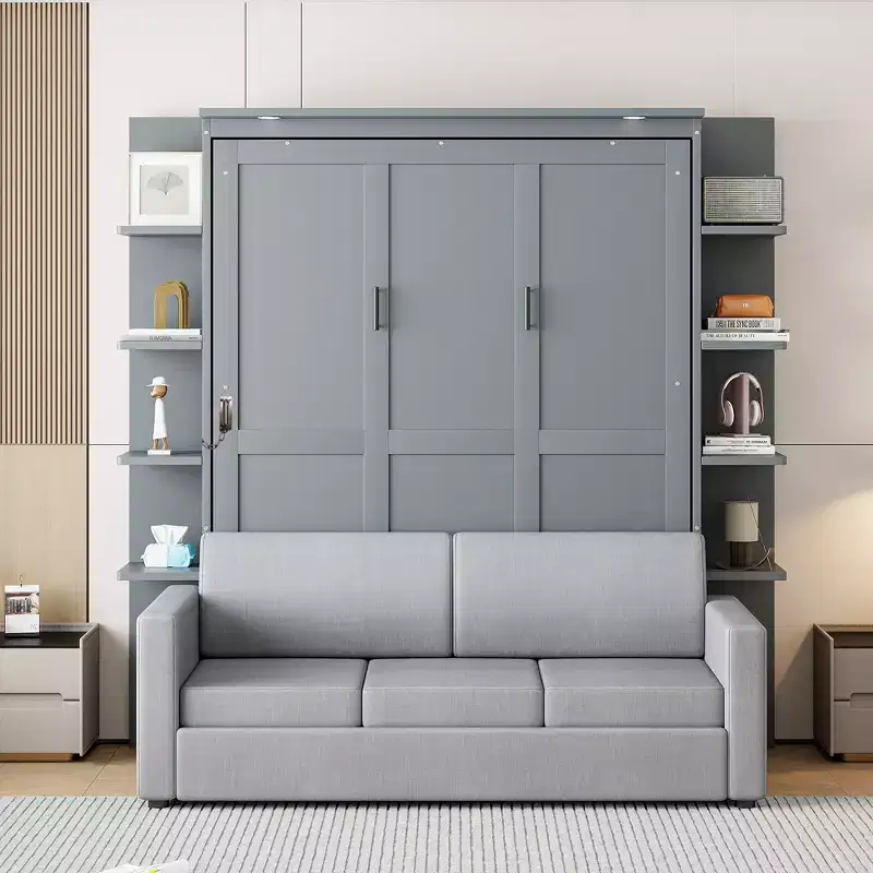 Queen Murphy Bed Wall Bed with Sofa, Queen Size Cabinet Bed Folding Wall Bed with Bookshelf and Shelves for Guest Room Office
