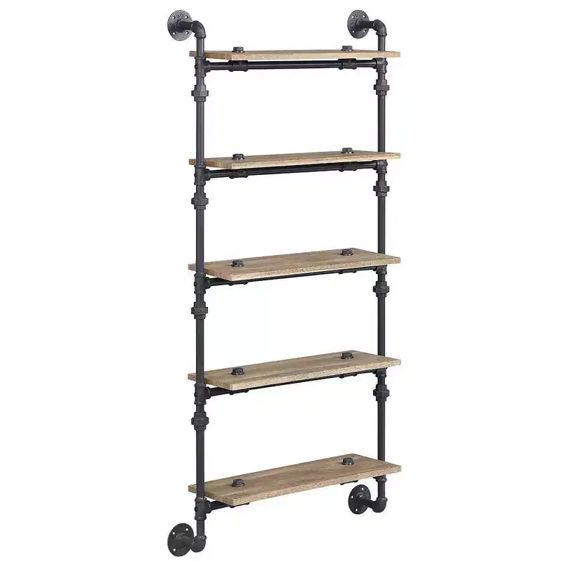 59" Brantley Decorative Bookshelf Oak and Sandy Black Finish - Acme Furniture: 5-Tier, Metal Frame, Open Shelving Unit, No Tools Assembly