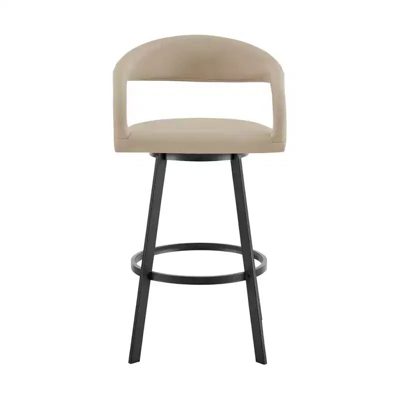 HomeRoots 30 Beige and Black Faux Leather and Iron Low Back Bar Height Swivel Bar Chair