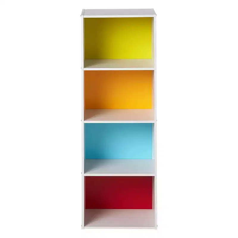 Hodedah Import 12 D x 16 W x 47 H Inch 4 Shelf Bookcase Storage Organizer Solution for Living Room, Bedroom, or Office, White and Rainbow