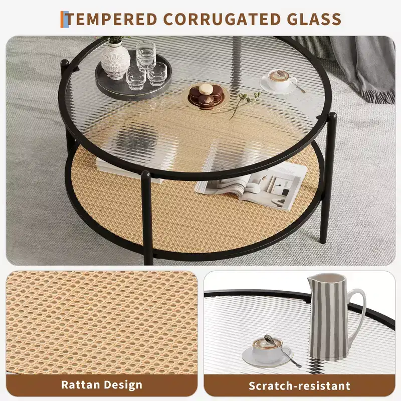 2-Tier Rattan Coffee Table, Metal Boho Tea Center Table, Tempered Glass Top, for Living Room Office Home