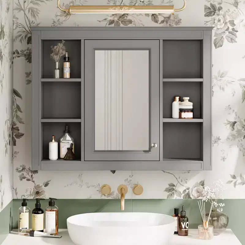 MAYEERTY 27.5 Medicine Cabinet, Wall Mounted Bathroom Storage Cabinet with Mirror 6 Open Shelves Modern Gray
