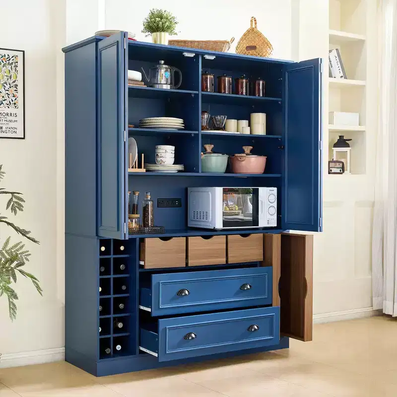 Whisen 71'' Tall Freestanding Kitchen Pantry, Large Dining Storage Cabinet Cupboard Sideboards With 4 Foldable Doors, Shelves, Wine Racks