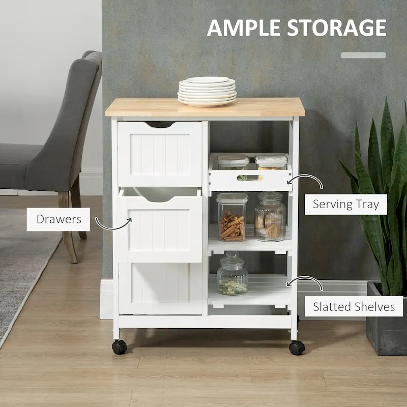 Rolling Kitchen Island Cart with Wood Top, Shelves and Drawers